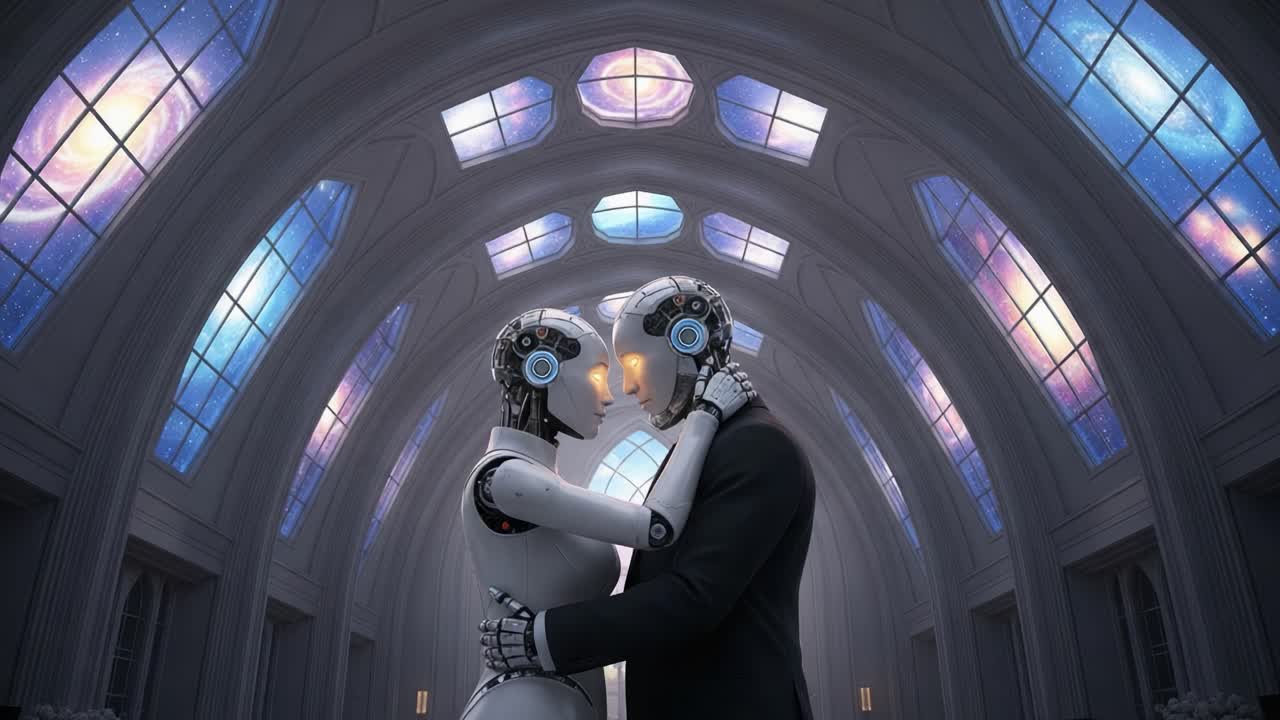 A Futuristic Encounter: Two Robots Embrace in a Celestial Cathedral, Gazing Into Each Other's Eyes Beneath a Starry Sky of Dreamy Galaxies and Heavenly Lights