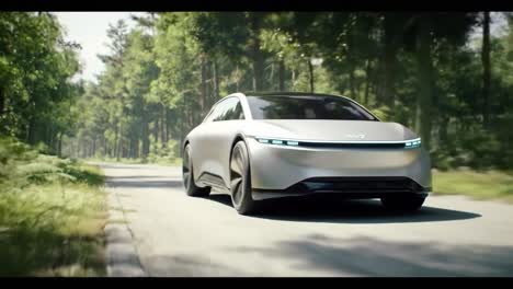 futuristic electric vehicle showcased on a lush woodland road, highlighting innovative design and advanced technology in sustainable transportation