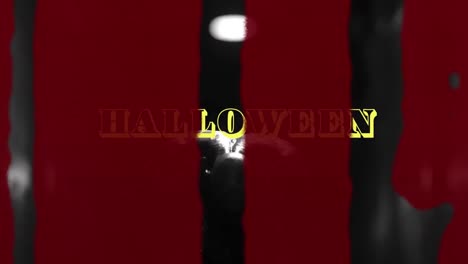 animation of yellow halloween text and blood over scary zombie figure in dark holding head in pain