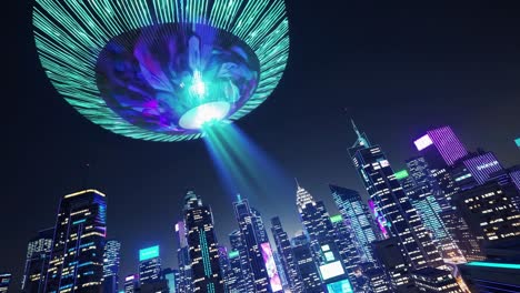 futuristic ufo over a neon-lit city