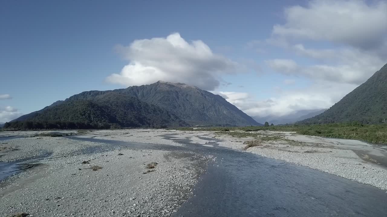 Scenic mountain landscape with river and clouds