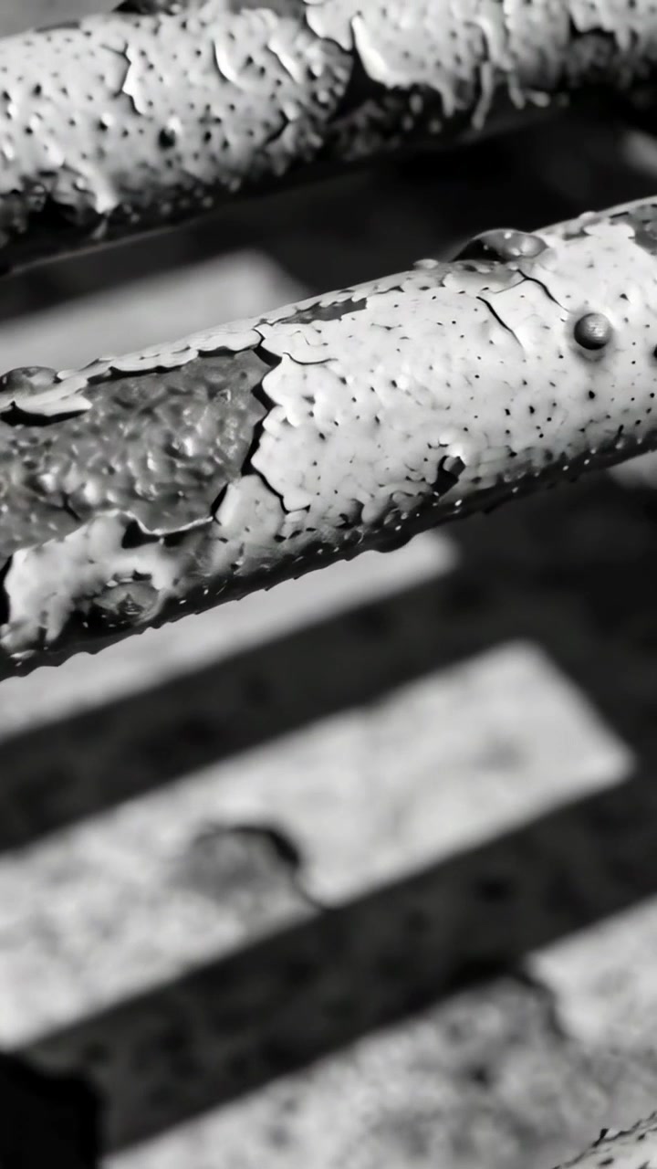 Vertical video: Sliding camera closeup over metal bars at outdoor grate, revealing peeling paint