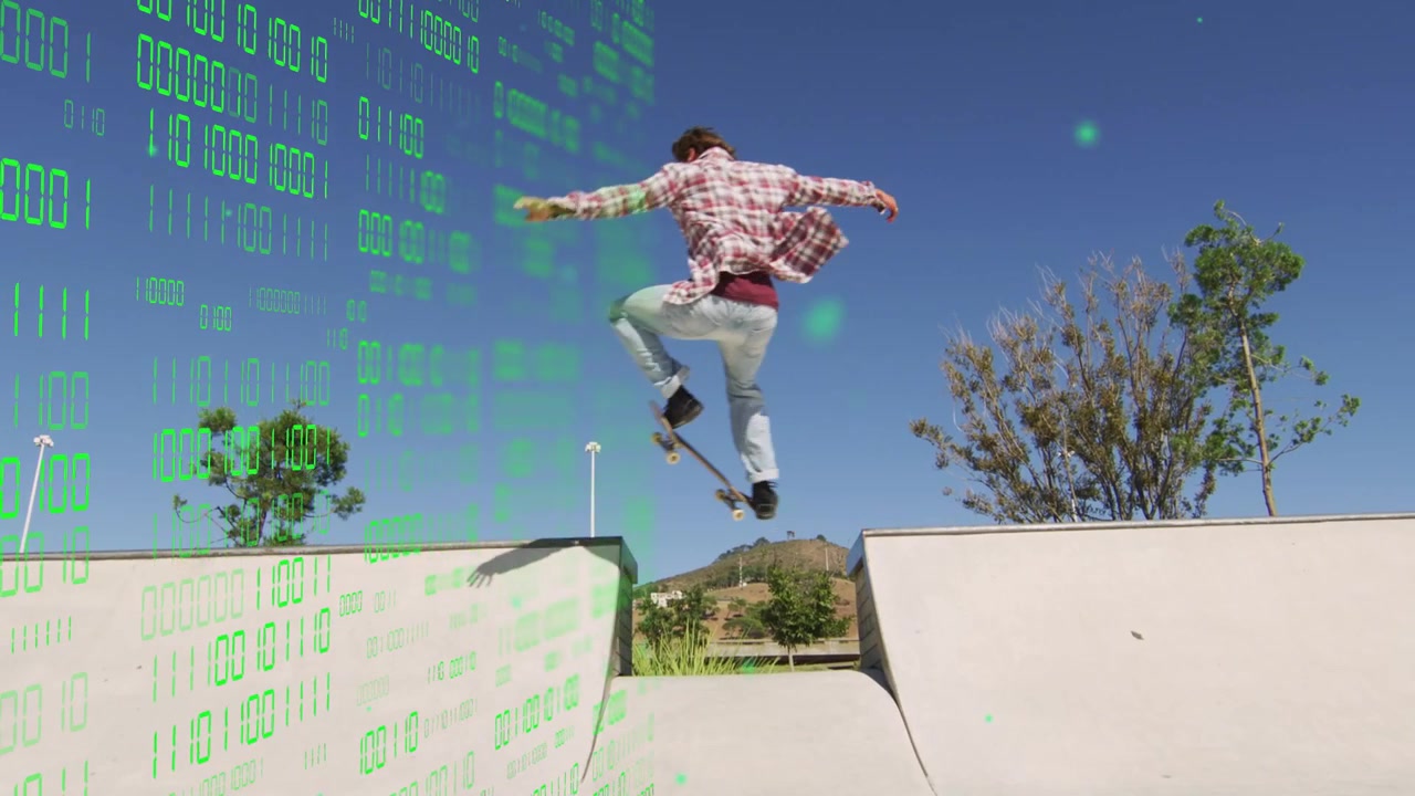 Male skater entering bowl launching over gap grinding for sports creators with left binary overlay