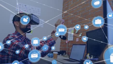 conectores en movimiento y datos digitales en un hombre que usa casco vr