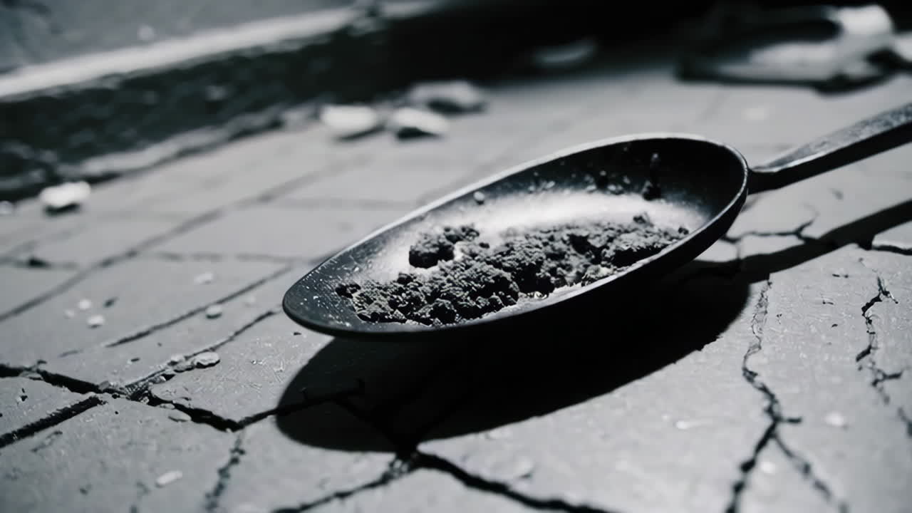 Black Spoon with Dusty Material on Cracked Surface