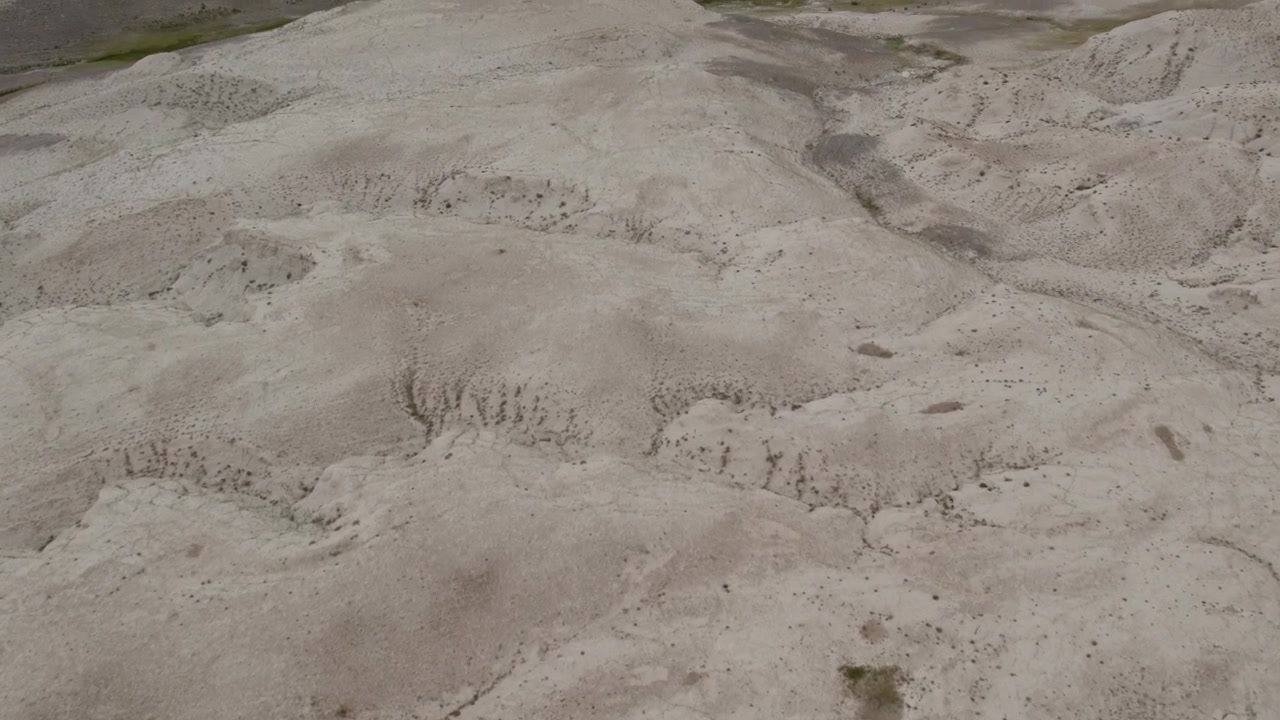 Riprese aeree del Paesaggio Lunare nell'Altai, Russia, che mostrano colline di argilla pallida, calanchi erosi e vegetazione rada in una remota area di steppa montana.