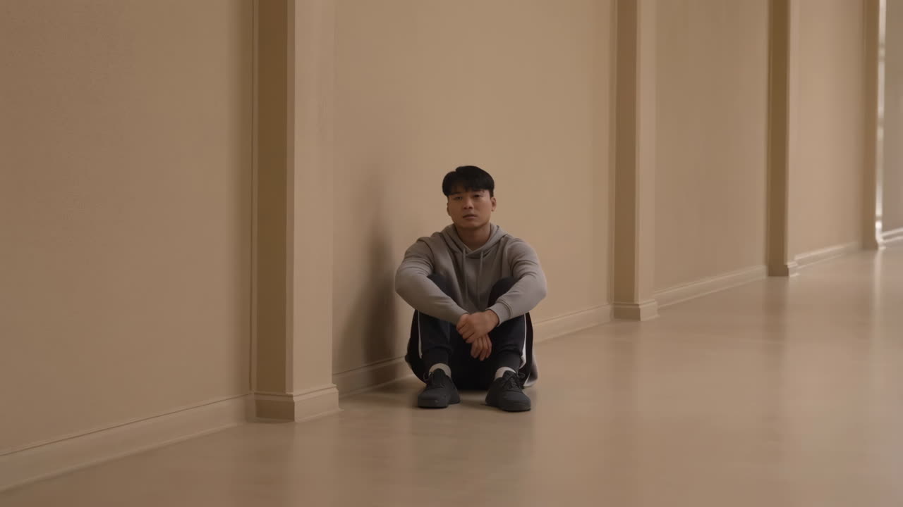Young Man Sitting Alone in Hallway