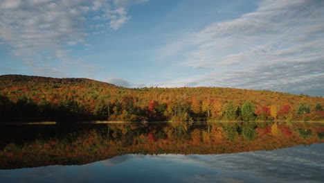 panning shot of a scenic lake landscape during fall, reflections on water surface