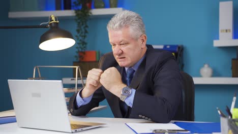 hombre de negocios mirando la pantalla de la computadora portátil con emoción.