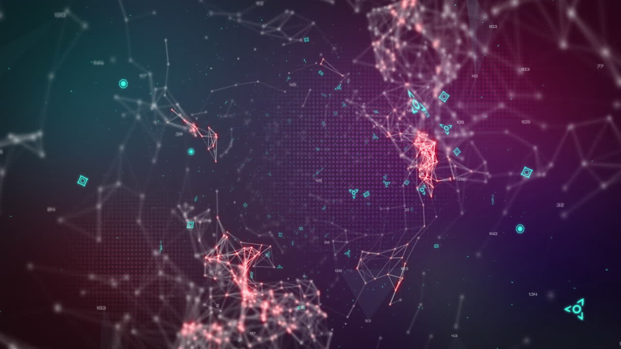 Animation of blue qr code over networks of connections on dark background