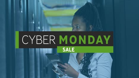 animation of cyber monday sale text and african american female engineer using tablet in server room