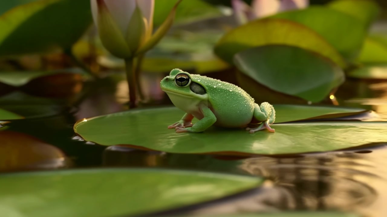 Close view of green tree frog resting on round lily pad in shallow pond water, body angled left with front limbs supporting weight, rear legs tucked, dewy skin, soft reflections, and warm natural
