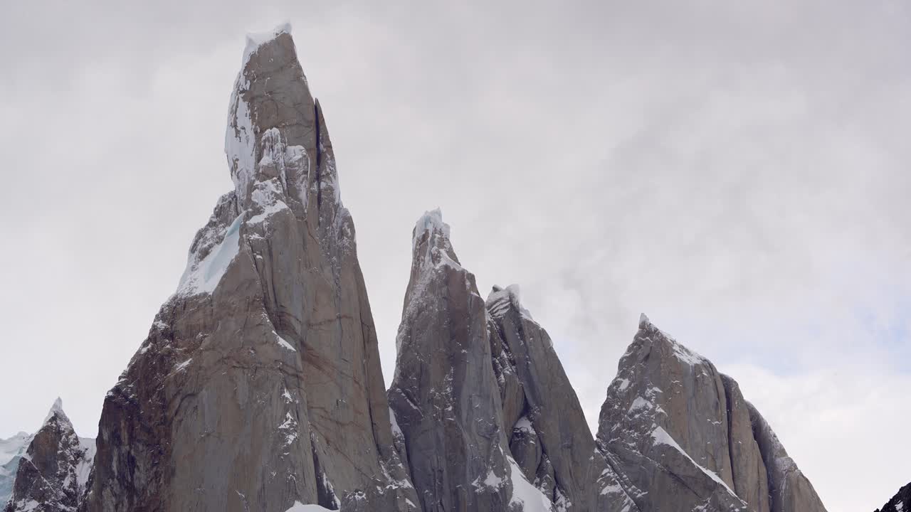 Close view of Cerro Torre, Torre Egger and Cerro Standhardt with fast moving clouds