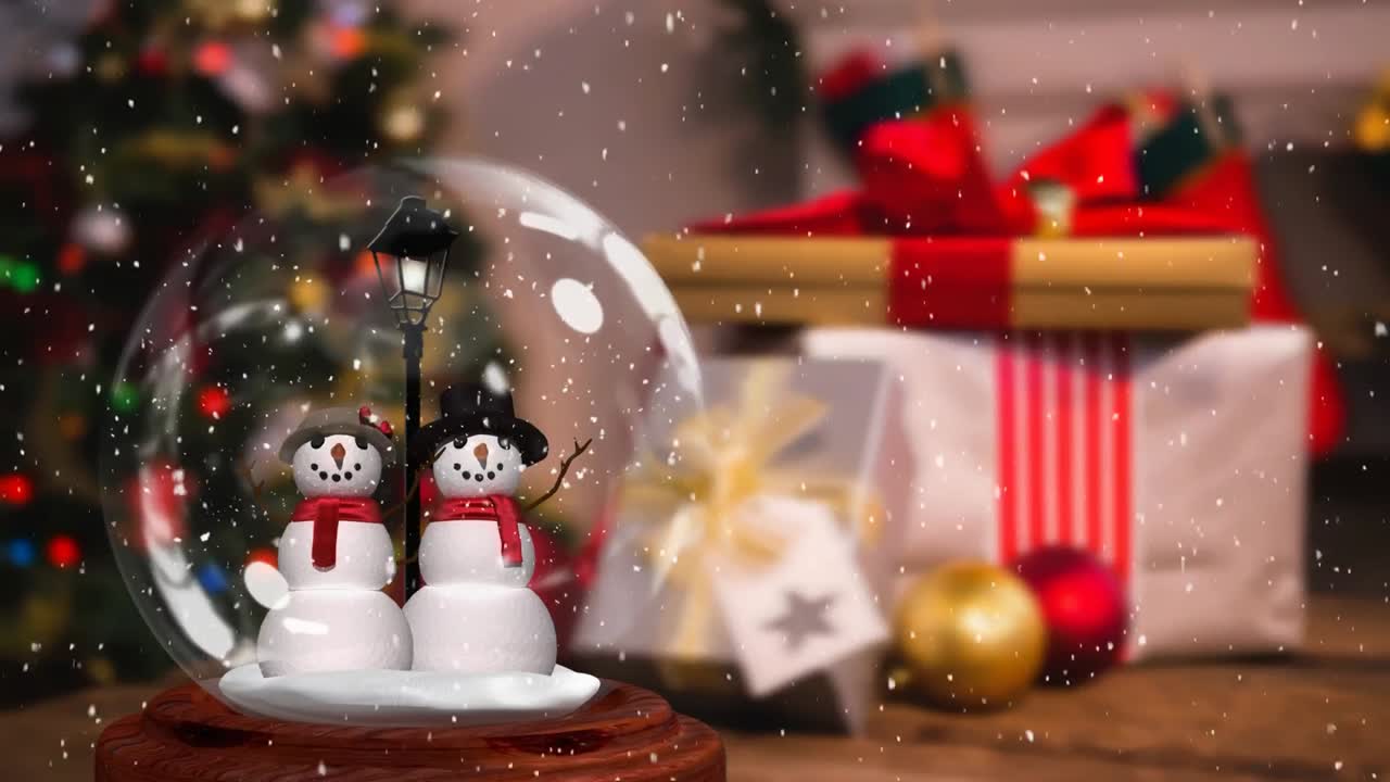 스노우 글로브 4k의 귀여운 스노우맨 커플의 크리스마스 애니메이션