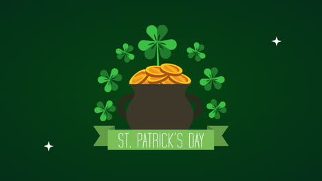 tarjeta animada del día de san patricio con caldero del tesoro y tréboles