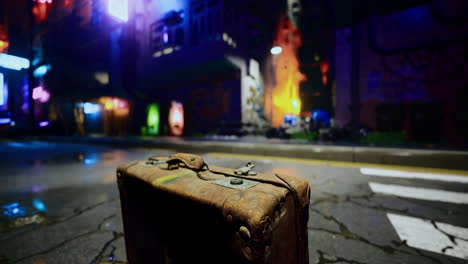 old suitcase on urban street at night with colorful lights and reflections
