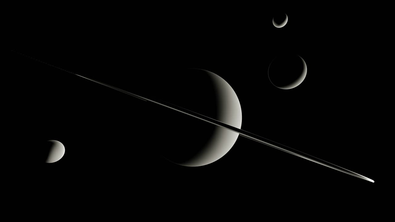 Moon orbiting around Saturn planet in deep space. 3d animation