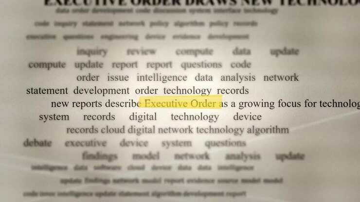 Il testo evidenziato di un ordine esecutivo scorre su contenuti di ricerca riguardanti sistemi tecnologici di politica governativa e sviluppo digitale