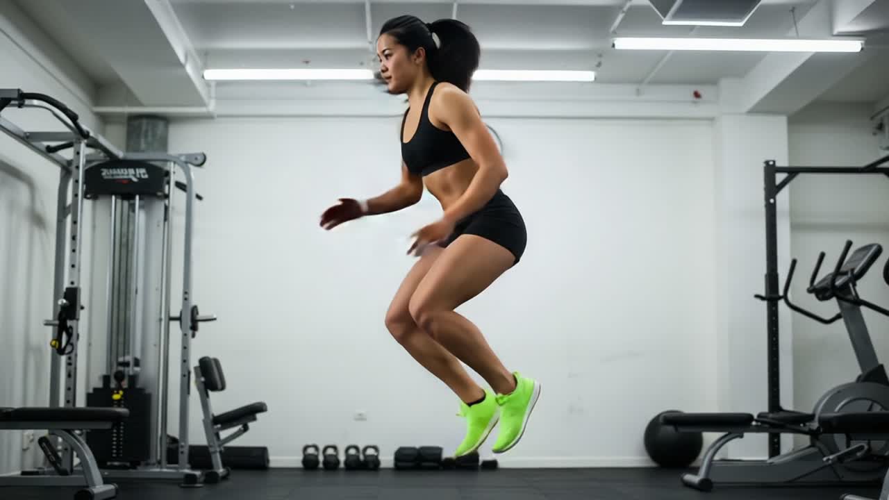 Dynamic Jumping Session: A Dedicated Athlete in Action Showcases Powerful Performance and Strength Training in a Modern Fitness Environment
