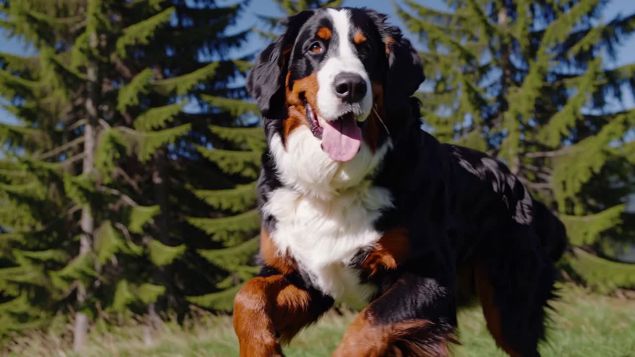Un cane giocoso corre attraverso un campo erboso con montagne sullo sfondo