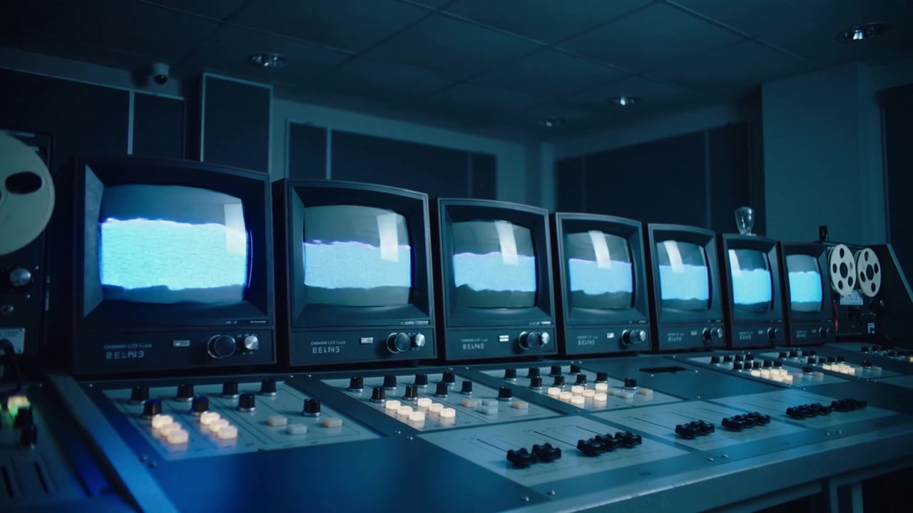 Displaying CRT monitor bank responding to incoming signal on studio control room console, with cup