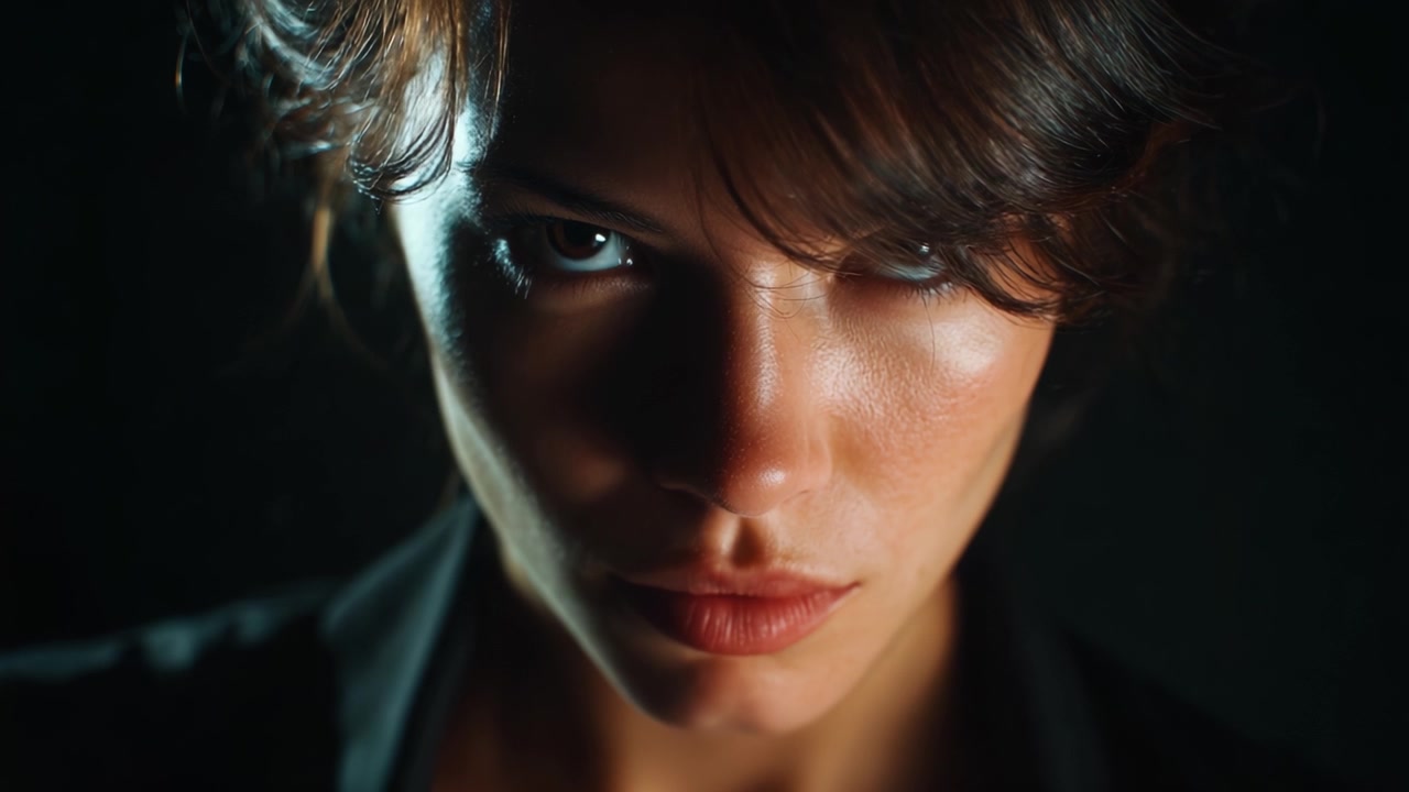 A Dramatic Close-Up of an Intense Expression: Capturing the Piercing Gaze and Emotional Depth of the Subject in a Low-Light Setting