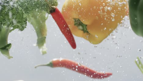 video of vegetables falling into water with copy space on white background