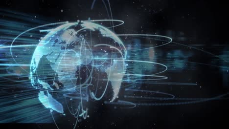 light trails over spinning globe against screens with data processing against black background