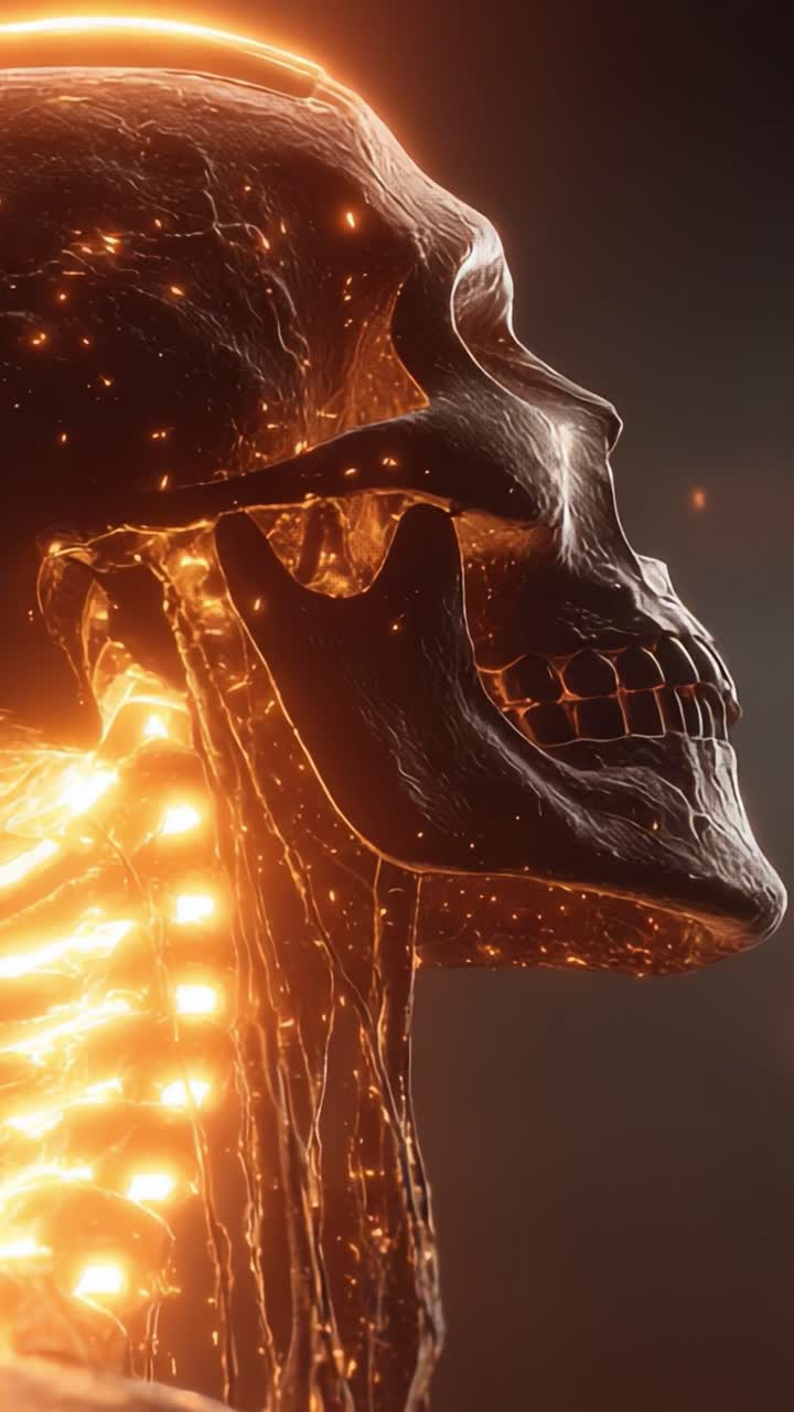 Detailed Visualization of a Luminous Human Skull with Intricate Features Highlighting Anatomical Structures in Brilliant Orange Hues Against a Dark Background