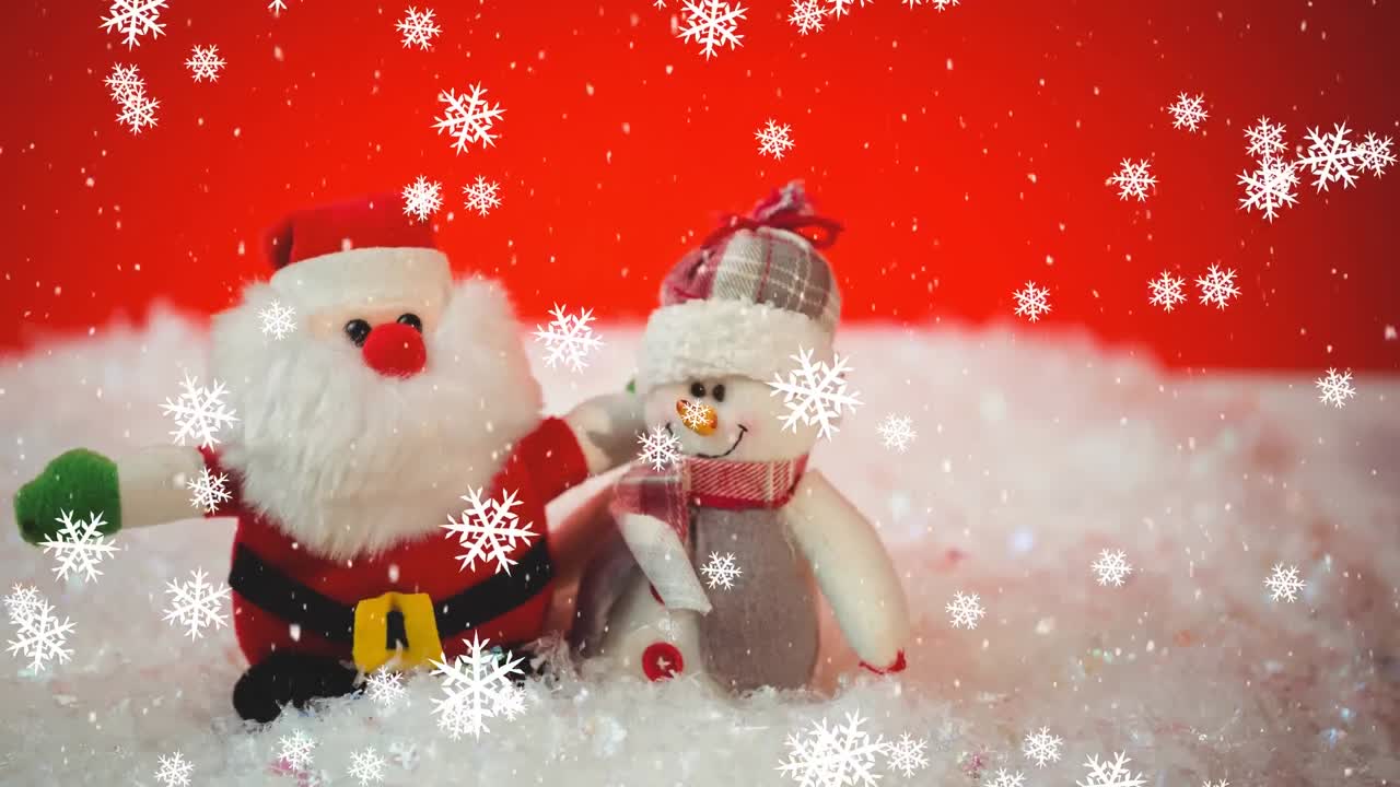 animación de santa claus y el muñeco de nieve con nieve cayendo sobre un fondo rojo