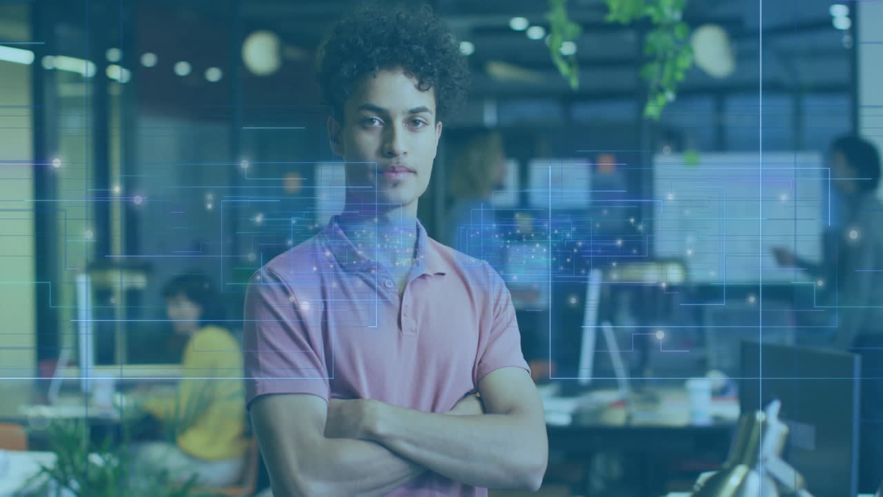 Cross-armed man in office with digital data processing animation over him
