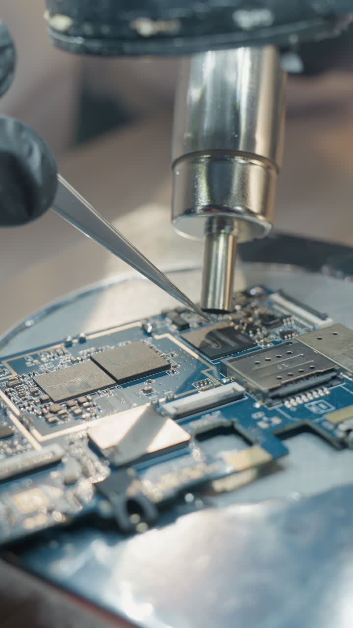 vista de cerca de las manos con guantes de un técnico usando un microscopio y pinzas de precisión para reparar una placa de circuitos detallada