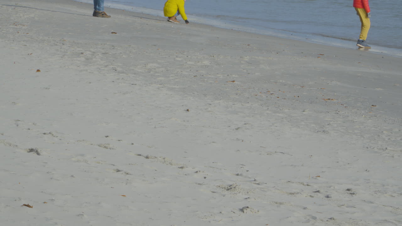 여름에 해변에서 걷고 노는 아이들