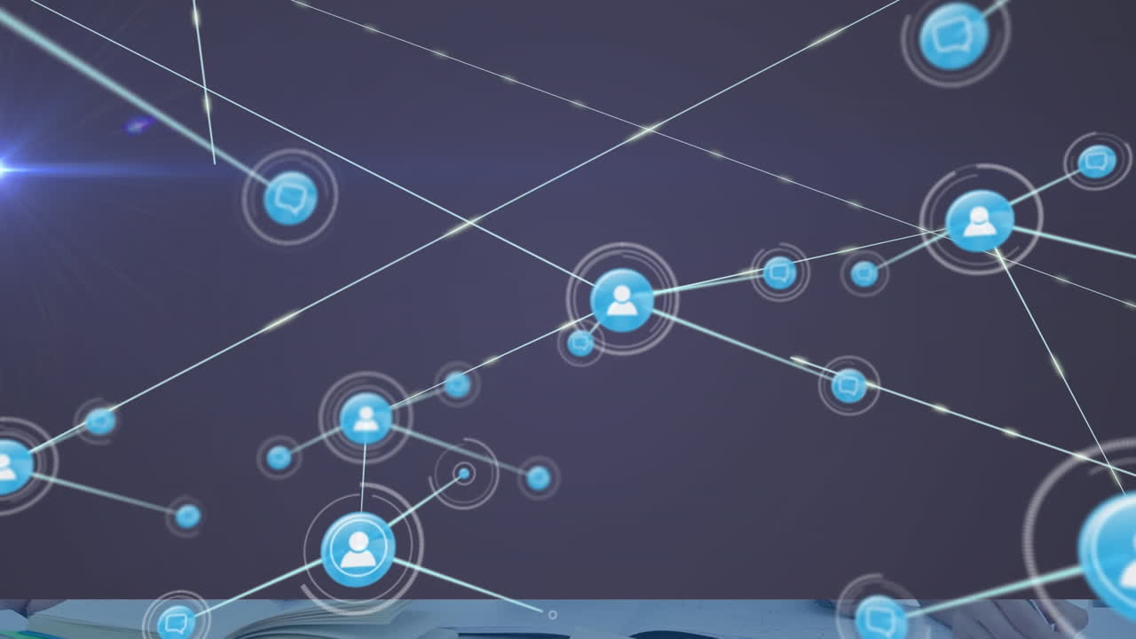 animación de la red de conexiones con iconos en fondo púrpura