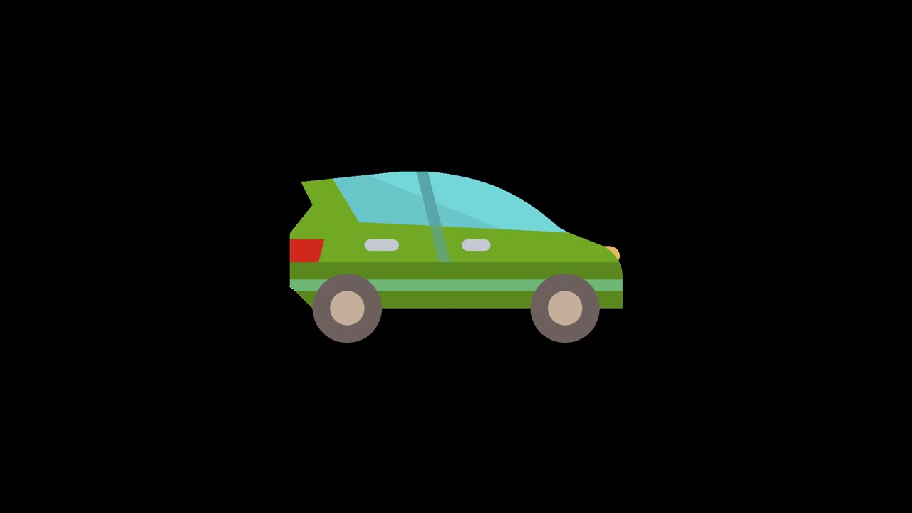 Semplice auto verde animata che guida, isolata su sfondo nero.
