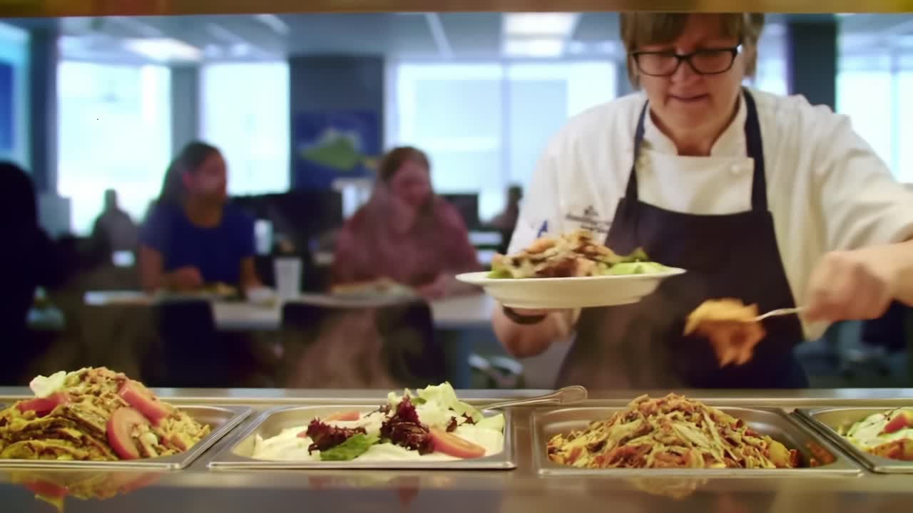 Culinary Art in Action: A Chef Skillfully Serves Delicious Dishes in a Modern Dining Environment, Showcasing Delectable Meals and Engaging Atmosphere