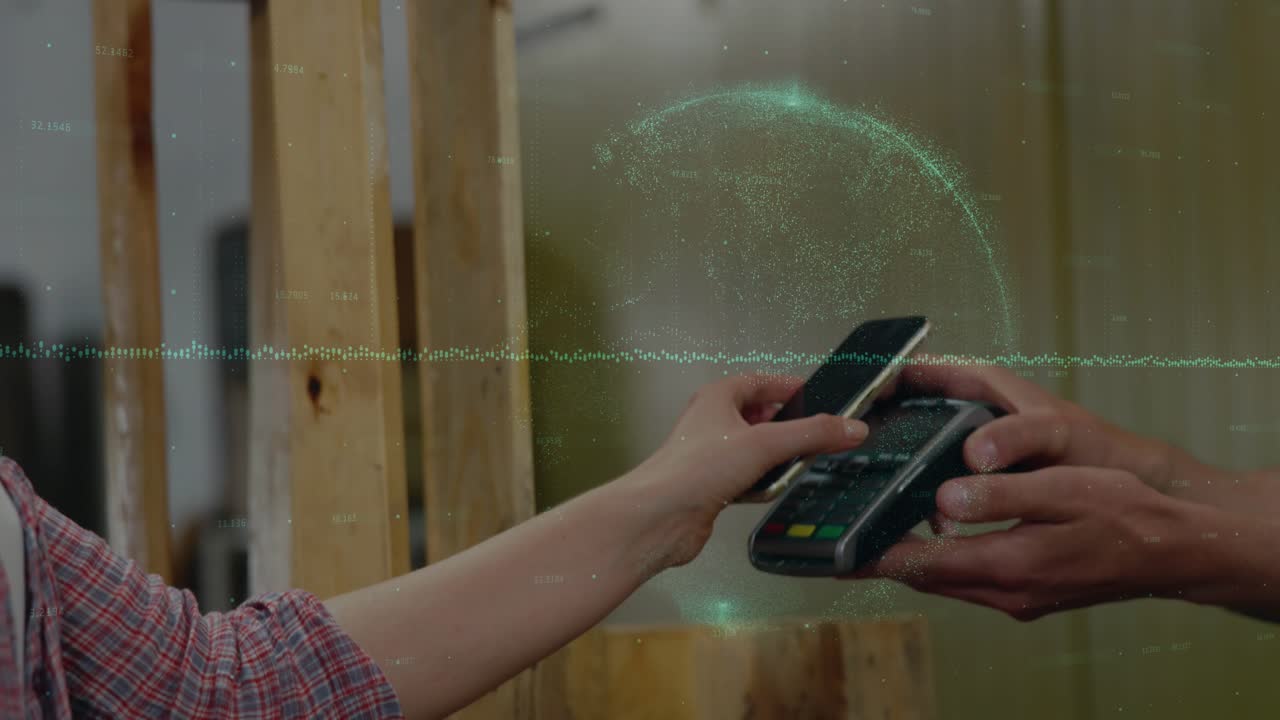 Animation of financial data processing over people using smartphone and payment terminal