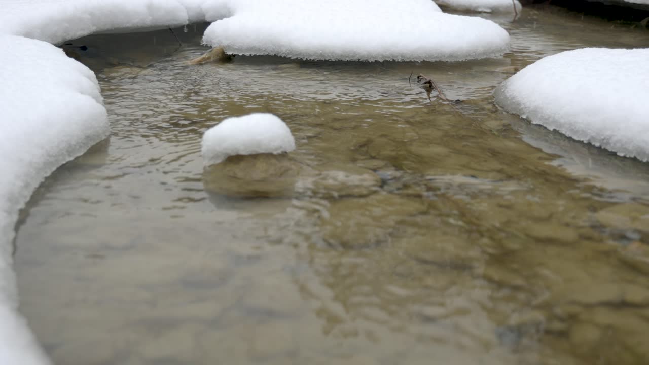 río que fluye en invierno a través de la nieve y el hielo derretido