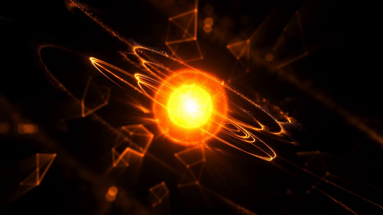 Orbe brillante y ardiente con estelas de luz en órbita y sutiles partículas geométricas centrado sobre un fondo negro, creando un efecto abstracto futurista y dramático.