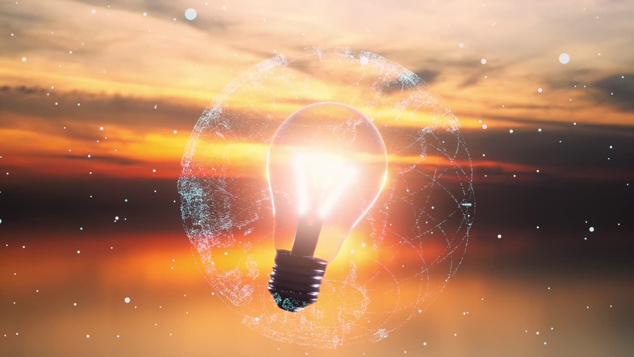 la bombilla eléctrica las conexiones brillantes en el fondo del atardecer. el concepto de la tecnología la innovación la inteligencia artificial la lluvia de ideas el éxito empresarial.