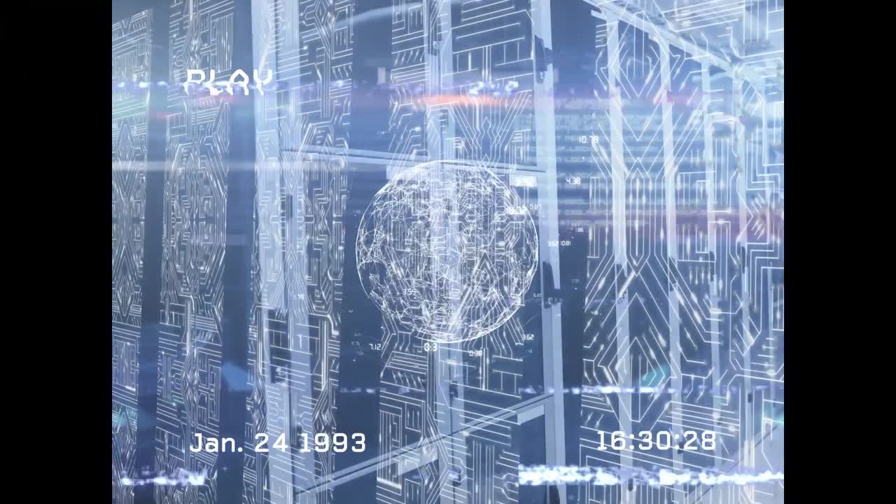 Animation of glitch on vintage video of globe over servers