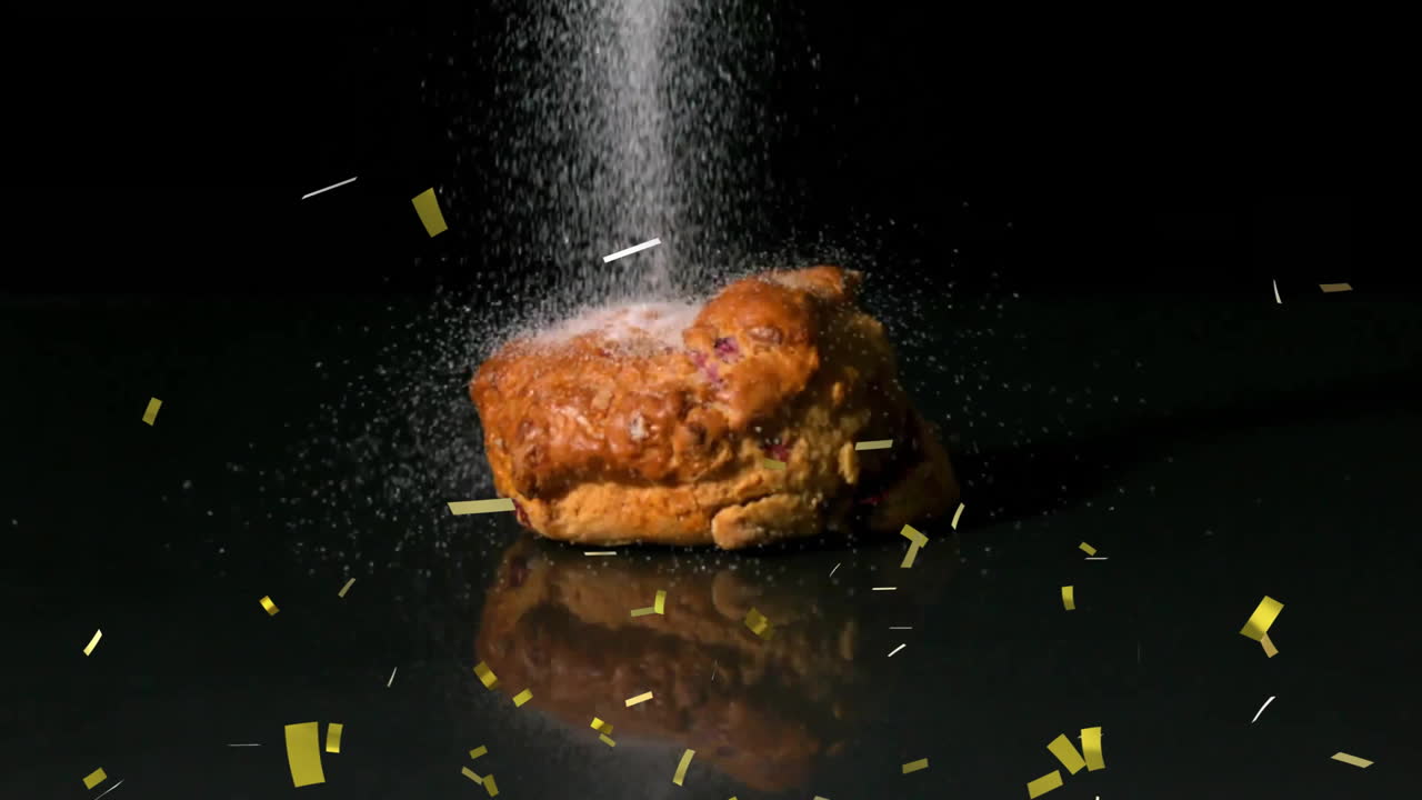 파우더 설탕이 페이스트리에 떨어지고 배경에는 다채로운 콘페티 애니메이션이 있습니다.