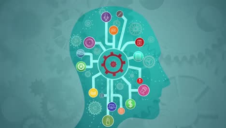 animation of human head models with gears on green background with arrows