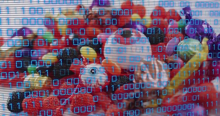 After showing candy and fruit blue binary overlay appearing scrolling flickering encrypting effect