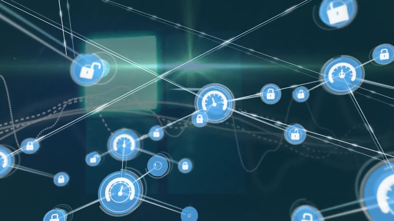 파란색 배경에 있는 데이터 처리 및 아이콘의 애니메이션