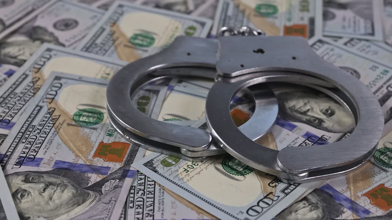 경찰의 수갑과 함께 법정 정의 책상 많은 통화 현금 미국 달러