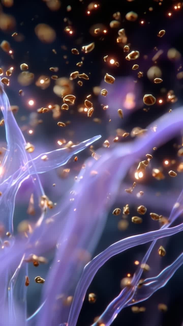 Uno spettacolo visivo accattivante di strutture eteree con particelle dorate sospese in una vivace foschia viola, creando un'interazione ipnotizzante di luce e forma.