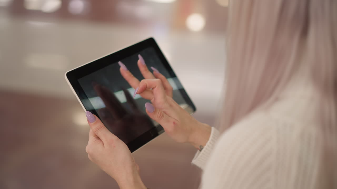 modern woman holding phone in hand from aerial view tapping screen with manicured nails over blurred mall floor under decorative lights showcasing digital interaction