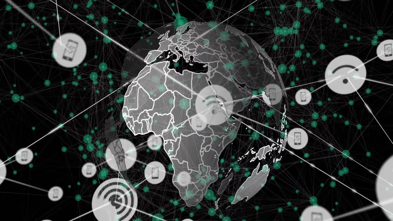 animación de una red de iconos digitales sobre un globo giratorio contra un fondo negro