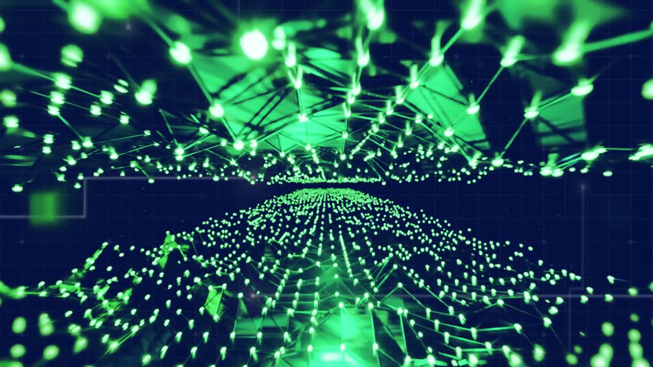 animación de puntos conectados que forman ondas dinámicas sobre un fondo negro